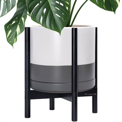 D'vine Dev Ceramic Planter with Ebony Stand - 14 Inch Modern Round Flower Pot with Wood Planter Holder, White/Grey, 55-B-S-6