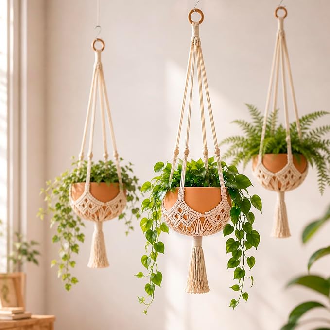 Shappy 3 Pack Boho Macrame Plant Hanger, Large Hanging Planter Plant Holder Pot Hanger Hanging Basket Wall Planters, Plants Lover Gift for Indoor Garden (Wooden Ring and Wooden Beads, White)