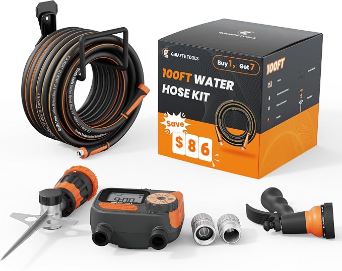 Giraffe Tools Garden Hose 5/8", Water Hose Heavy Duty, Flexible, Lightweight Hybrid Hose with Swivel Handle, with Watering Timer Nozzle and Yard Sprinkler, 100ft Male to Female Fittings, Burst 600 PSI