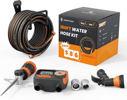 Giraffe Tools Garden Hose 5/8", Water Hose Heavy Duty, Flexible, Lightweight Hybrid Hose with Swivel Handle, with Watering Timer Nozzle and Yard Sprinkler, 100ft Male to Female Fittings, Burst 600 PSI
