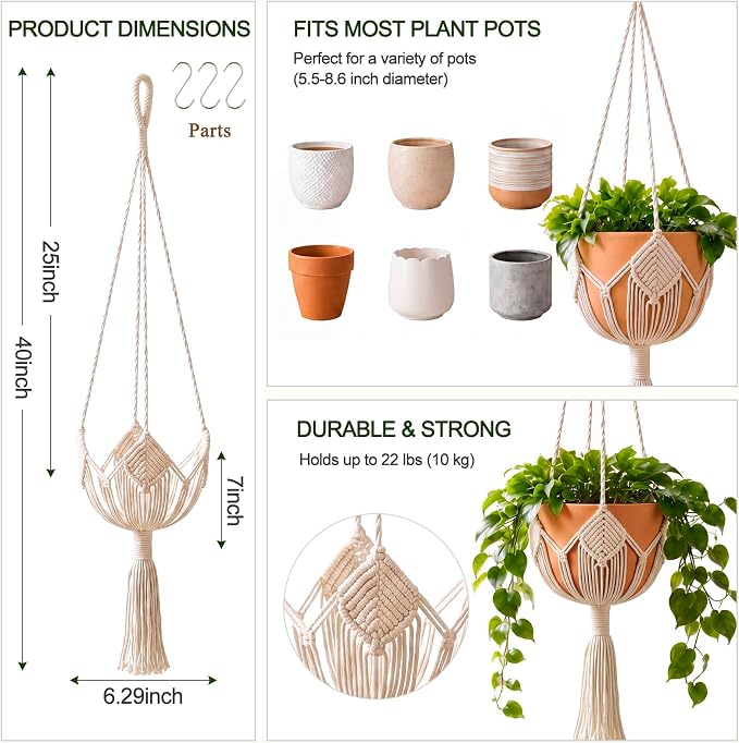 Shappy Boho Macrame Plant Hanger, Large Hanging Planter Plant Holder Pot Hanger Hanging Basket Wall Planters, Plants Lover Gift for Indoor Garden