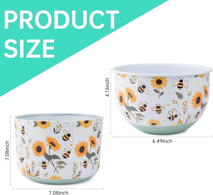 Joint Honglin Butterfly & Bee Metal Planters Set of 2 – Decorative Flower Pots with Colorful Garden Prints, Outdoor & Indoor Use Cute Spring Floral Design for Patio, Balcony, Home Decor (Bee)