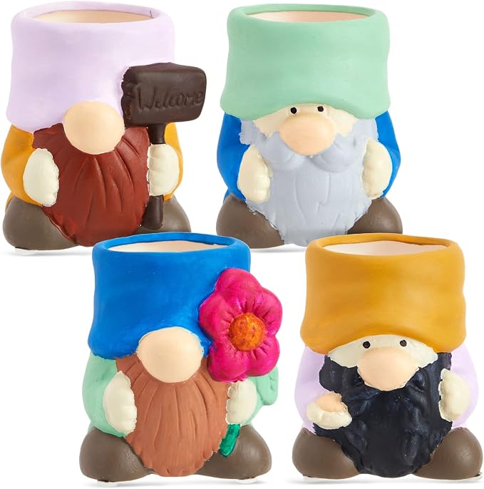 Bright Creations Paintable Ceramic Garden Gnome Planters - 3 x 3 x 4 in, White, Pack of 4, Unfinished - Succulent Pots to Paint with Drainage Holes & Plugs - DIY Pottery Kit