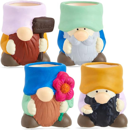 Bright Creations Paintable Ceramic Garden Gnome Planters - 3 x 3 x 4 in, White, Pack of 4, Unfinished - Succulent Pots to Paint with Drainage Holes & Plugs - DIY Pottery Kit