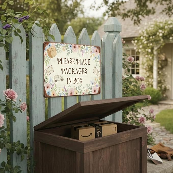 Garden Decor Delivery Sign Please Place Packages in Box Porch Decor | Homeowners • Front Door Display • Garden Theme • Floral Rustic Style • UV Printed • 8x12 Inch