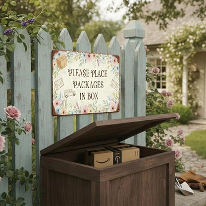 Garden Decor Delivery Sign Please Place Packages in Box Porch Decor | Homeowners • Front Door Display • Garden Theme • Floral Rustic Style • UV Printed • 8x12 Inch