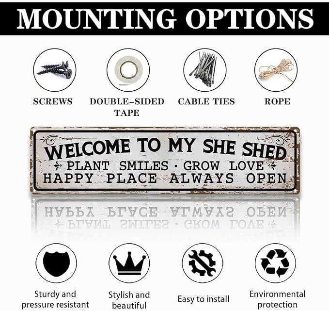 Garden Metal Tin Sign, Welcome to My She Shed Sign, Vintage Farmhouse Outdoor Wall Decor, for Garden Shed Porch Fence Door Yard, Gift for Gardening Lover, 15.7 x 3.9 Inches