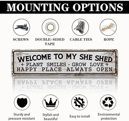Garden Metal Tin Sign, Welcome to My She Shed Sign, Vintage Farmhouse Outdoor Wall Decor, for Garden Shed Porch Fence Door Yard, Gift for Gardening Lover, 15.7 x 3.9 Inches