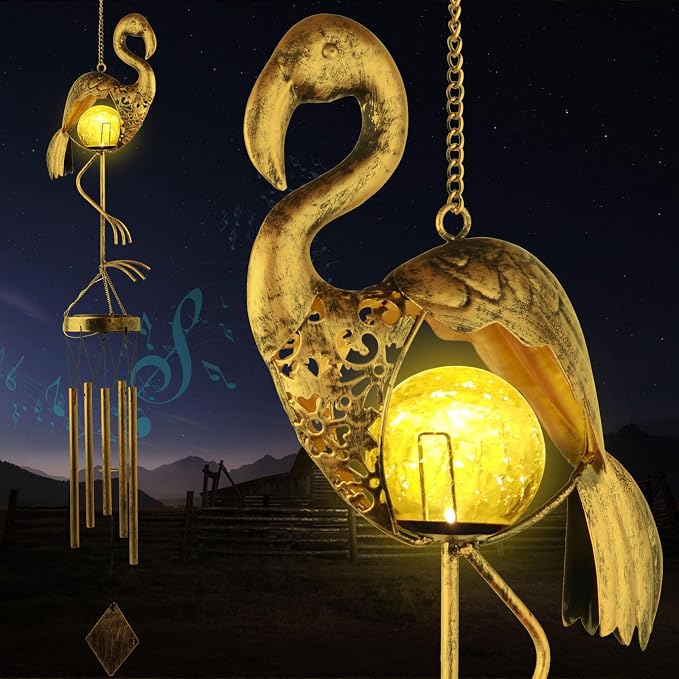 Flamingo Solar Wind Chimes for Outside Gifts for Women Mom Grandma Sister Crackle Glass Ball Flamingo Wind Chimes Solar Lights Outdoor Decor for Garden Backyard Patio Yard Porch, Birthday Gifts