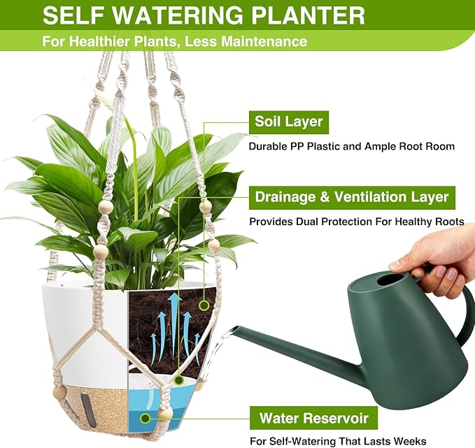 LEWESU Set of 2 Hanging Planters for Indoor Plants with Self Watering Includes Hanging Pots and 2 Types Plant Hangers, Outdoor Hanging Baskets Holder for Home Garden, 10 Inch Oyster White