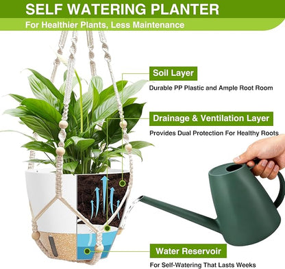 LEWESU Set of 2 Hanging Planters for Indoor Plants with Self Watering Includes Hanging Pots and 2 Types Plant Hangers, Outdoor Hanging Baskets Holder for Home Garden, 10 Inch Oyster White