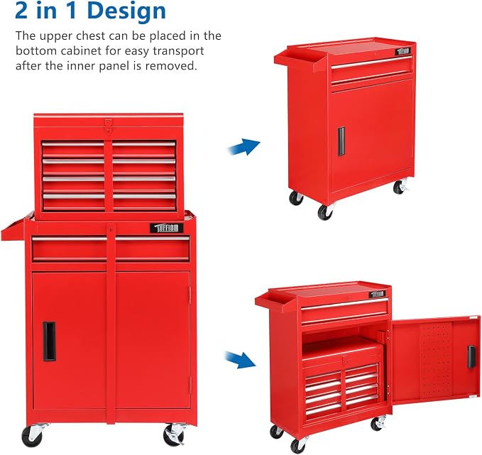 TUFFIOM 5-Drawer Rolling Tool Chest, Tool Storage Cabinet w/Drawers, Lockable Wheels, Detachable Top & Adjustable Shelf, Mechanic Tool Organizer Box for Garage, Workshop, Warehouse & Repair Shop