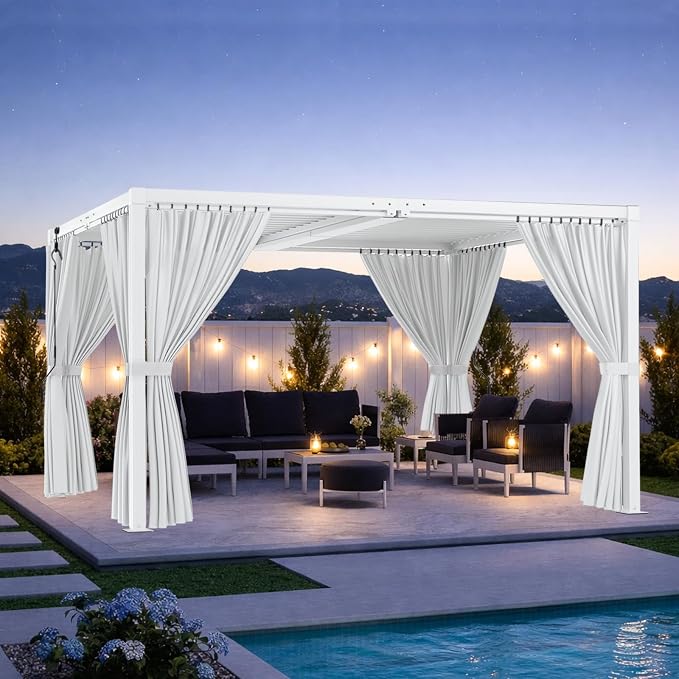 Louvered Pergola 10' x 13' with Waterproof Curtains, Outdoor Aluminum Pergola with Reinforced Steel Roof, Heavy-Duty Hardtop Gazebo, Privacy Privacy Shaded Shelter, White