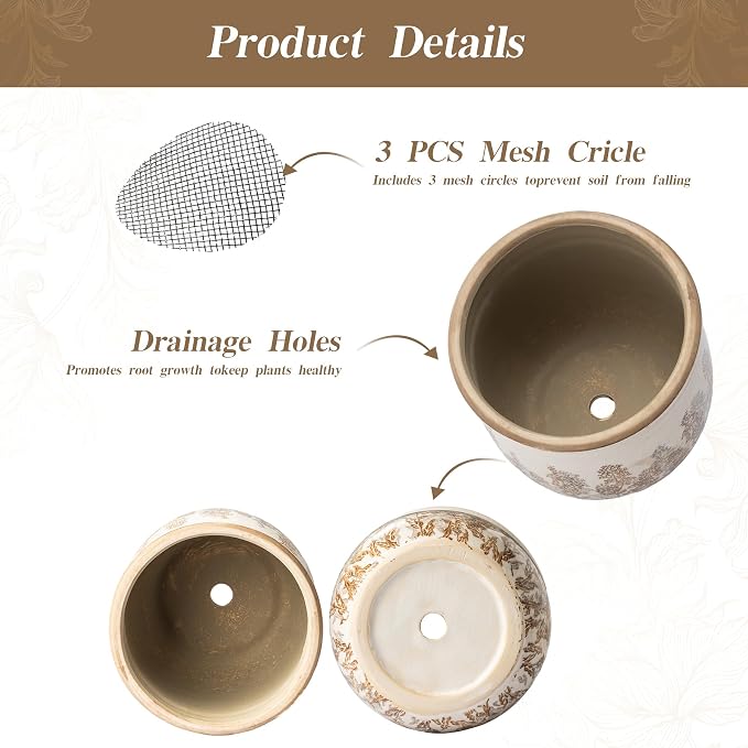 SURE YUESI Ceramic Plant Pots Set of 2, 4.7+5.7 Inch Vintage Indoor Planters with Drainage Hole, Farmhouse Ceramic Flower Pots for Indoor Plants, Rustic Cottage Decor for Home Kitchen Garden, Brown