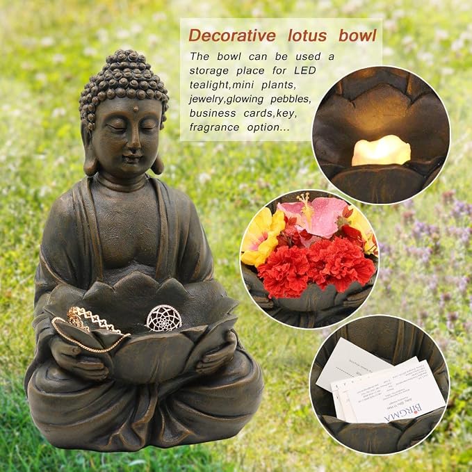 Goodeco 12" Meditating Buddha Statue Figurine w/Lotus - Zen Garden Statues for Indoor/Outdoor Decor- with Magical Glow in Dark Pebbles & Glass Stones, Ideal Gifts for Home (Brown)