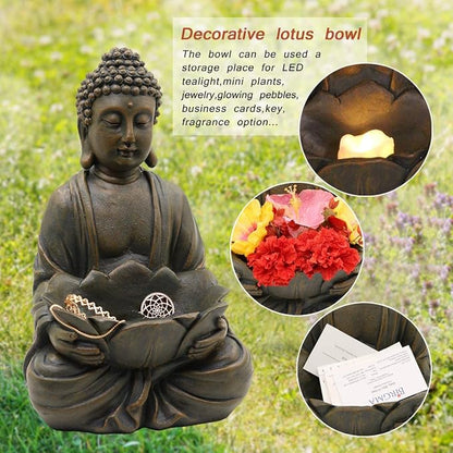 Goodeco 12" Meditating Buddha Statue Figurine w/Lotus - Zen Garden Statues for Indoor/Outdoor Decor- with Magical Glow in Dark Pebbles & Glass Stones, Ideal Gifts for Home (Brown)