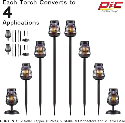 PIC Bug Zapper, 600V Solar Powered Insect Trap & Fly Zapper for Outdoor Use, LED Flickering Flame, Activates Automatically in Dark, Weatherproof Outdoor Fly Trap, Kills Bugs on Contact, Twin Pack