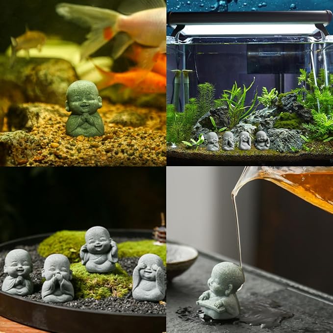 4-in-1 Laughing Buddha Statue Decor Set Small Zen Monk Sandstone Buddha Sculpture Feng Shui Ornaments for Outdoor Gardens & Indoor Meditation Rooms,Micro Landscape Decor Fish Tank Aquarium Decoration