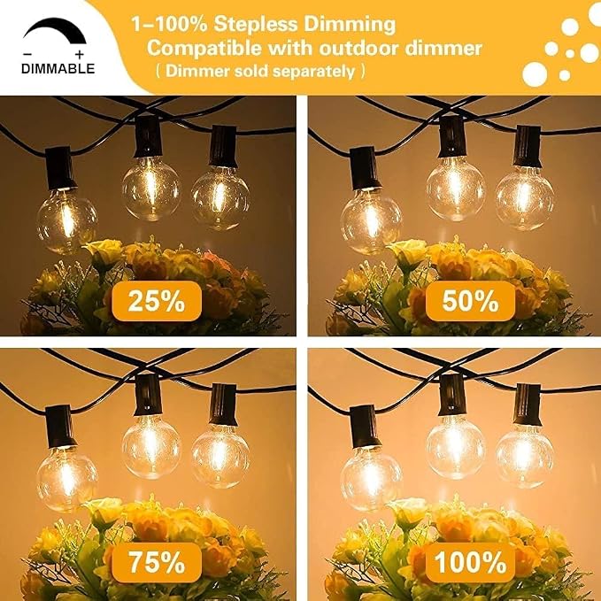 Banord 50FT G40 Globe String Lights with 26 Dimmable Plastic Bulbs, 2700K Waterproof Outdoor LED Lights for Patio, Porch, Cafe, Backyard, E12 Screw Base