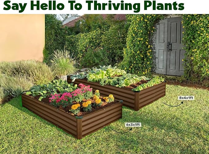 Plant & Plot Galvanized Raised Garden Beds Outdoor // 8×4×1 ft Planter Raised Beds for Gardening, Vegetables, Flowers (Dark Wood Grain) // Large Metal Garden Box // Patented Tool-Free Design