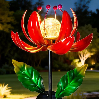 Solar Lights Outdoor Wind Spinners, Metal Lotus Flower Garden Decor with Waterproof LED Crackle Glass Globe for Patio Lawn Yard Outdoor Decor