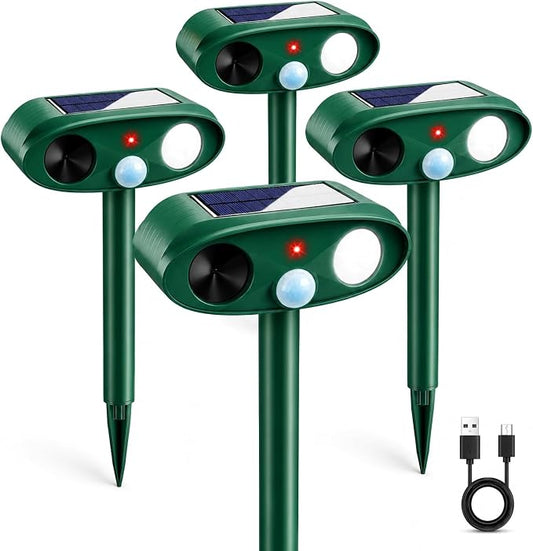 4Pcs Sonic Fortress Pro Deer Repellent Device,Solar Animal Repeller Outdoor | Motion Activated Cat Deterrent Racoon Squirrel Fortress Pro with Strobe Light,USB Charging Skunk Repellent for Yard Garden