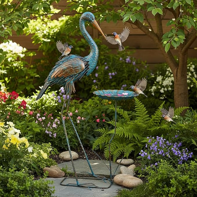Metal Crane Garden Statue for Outside with Leaf Tray | Large Heron Outdoor Statues, Elegant Crane Yard Art Garden Decor for Garden Yard, Porch