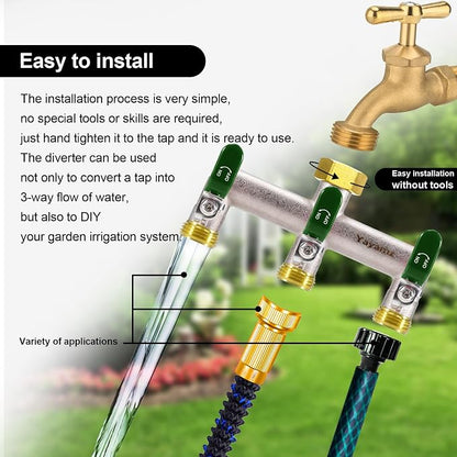 3 Way Garden Hose Splitter, Heavy Duty Brass Nickel Plated Rust Resistant Faucet Manifold, 3/4" Frost Resistant Outdoor Hose Adapter Connector，Hose Spigot Adapter with 3 Large Green Handles