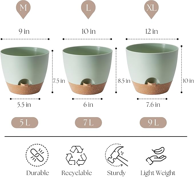 TYMENSH Plant Pots 12/10/9 Inch Set of 3, Self Watering Planters with Drainage Holes and Water Reservoir, Heavy Duty Plastic Flower Pots for Indoor Outdoor Plants, Green