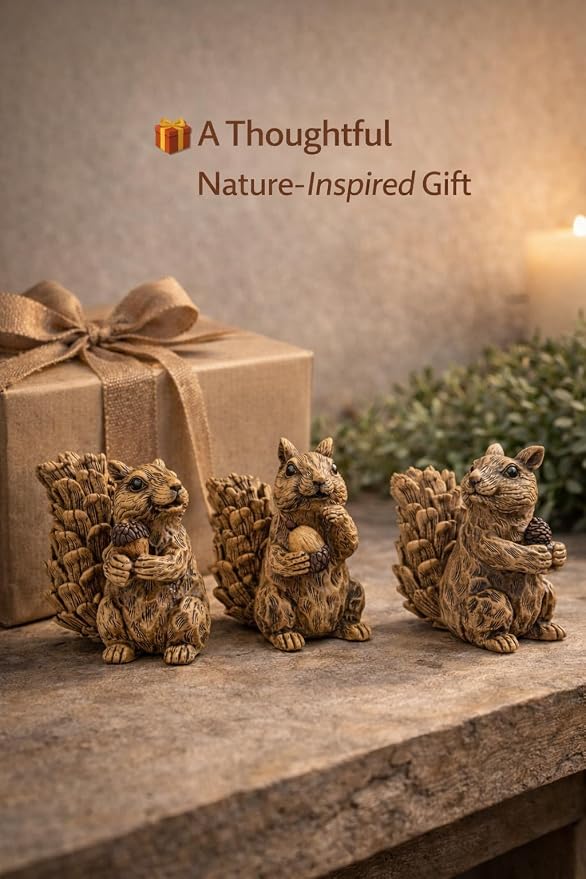 iStatue Set of 3 Resin Squirrel Figurines, Hand-Painted Woodland Animal Decor, Nature-Inspired Tabletop Statues for Home, Garden, Shelf & Gift for Women Mom Dad Girl Boy (Small)