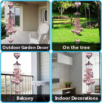 Loving Heart Wind Chimes Outdoor Indoor Decor - with 4 Aluminum Tubes 6 Bells 7 Hearts Mobile Romantic Wind Catcher Heart Shaped Windchimes for Home, Mom Gifts, Balcony, Festival, Garden Decoration