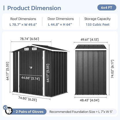 6x4FT Outdoor Storage Shed with Floor Black | Metal Garden Tool Shed with Sloping Roof & Lockable Door for Patio Lawn Backyard