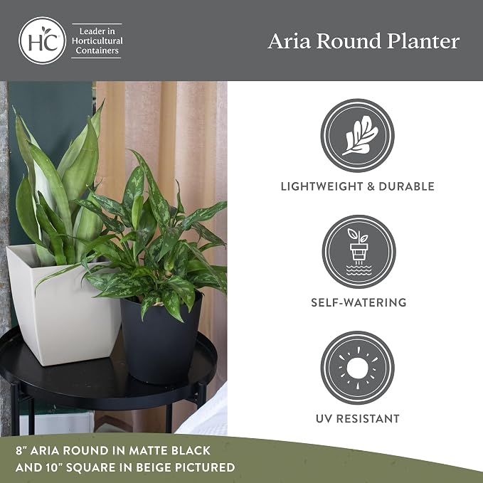 The HC Companies Aria Round Self-Watering Pot - Lightweight Plastic Planter for Herbs & More - Durable Plant Pots for Indoor Plants & Outdoor Plants (8" Glossy Black, Pack of 1)
