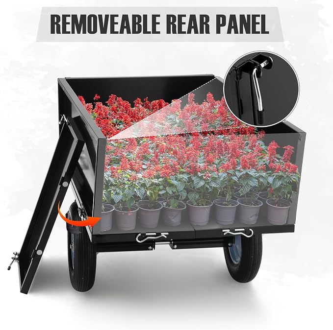 GarveeTech Heavy Duty Steel Dump Trailer, 500 LBS/11.4 Cu.Ft Capacity Garden Dump Cart for Lawn Mower, Utility Trailer with Removeable Rear Panel, Designed for Tractor, ATV, UTV, Black