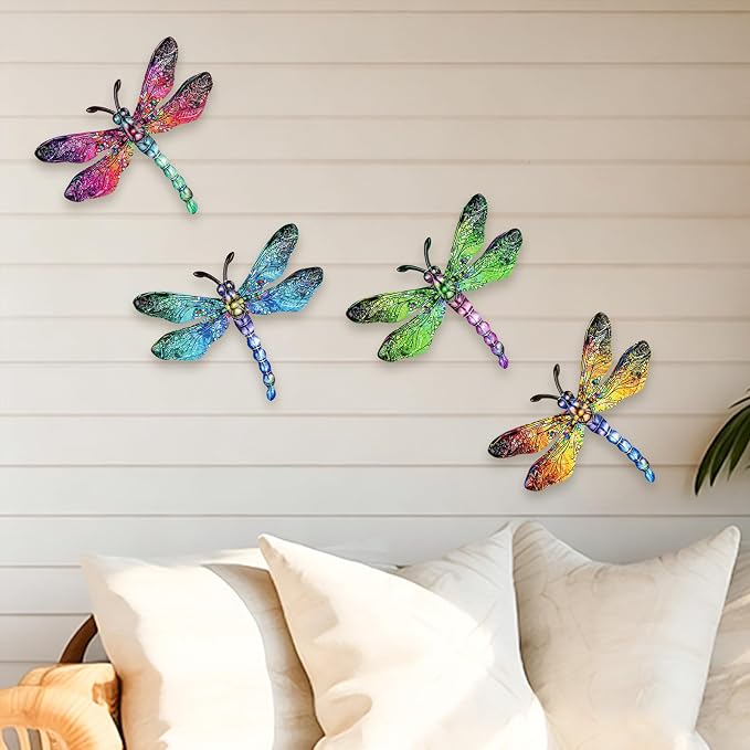 SUNREEK Metal Dragonfly Wall Decor - 9.6" Outdoor Fence Wall Art, Hanging Decorations for Garden Yard Patio Room Decorations, 4 Pack (Color-3)