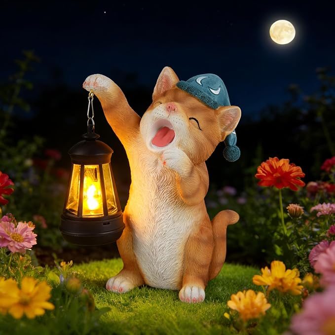 Solar Dragon Garden Statue with Lantern and Birds – Resin Dinosaur Figurine with LED Light for Yard, Outdoor Decor, Gifts for Mom, Women (Cat)