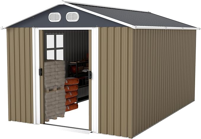 YOPTO 8x12 FT Outdoor Storage Shed, Metal Garden Shed with Window, Lockable Door & Sloped Roof, Large Waterproof Utility Tool Shed for Backyard, Garden, Patio, Lawn, Brown