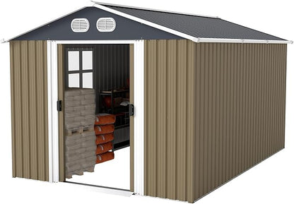 YOPTO 8x12 FT Outdoor Storage Shed, Metal Garden Shed with Window, Lockable Door & Sloped Roof, Large Waterproof Utility Tool Shed for Backyard, Garden, Patio, Lawn, Brown