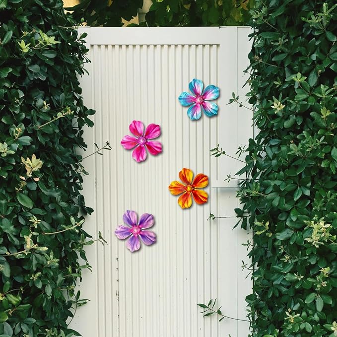 Giyyomtr Metal Flowers Wall Decor - 4pcs Metal Wall Art Hanging Decorations for Outdoor Fence Garden Yard Patio Exterior Wall Decor
