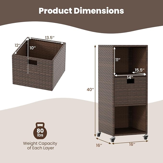 Tangkula Rattan Outdoor Storage Cabinet, Patiojoy Outdoor Wicker Cabinet with 3 Shelves, 1 Removable Drawer, 4 Wheels, Patio Storage Deck Box Cart for Backyard Poolside Porch (Mix Brown)