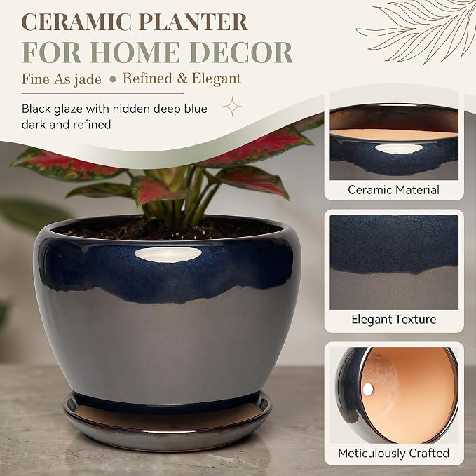 9.5 Inch Ceramic Plant Pot with Drainage Hole Mesh Net,Modern Gardening Pots for Indoor Plants with Saucer, Black