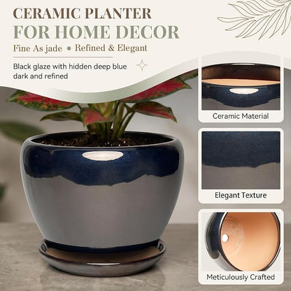 9.5 Inch Ceramic Plant Pot with Drainage Hole Mesh Net,Modern Gardening Pots for Indoor Plants with Saucer, Black