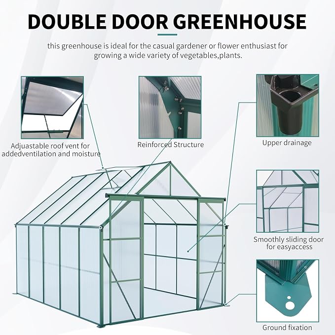 8x10 FT Greenhouse, Walk-in Polycarbonate Greenhouses with Double Sliding Doors, Aluminum Frame, Adjustable Roof Vent, Raised Base & Anchor, Outdoor Backyard Greenhouse for All Seasons, Green