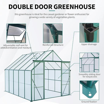 8x10 FT Greenhouse, Walk-in Polycarbonate Greenhouses with Double Sliding Doors, Aluminum Frame, Adjustable Roof Vent, Raised Base & Anchor, Outdoor Backyard Greenhouse for All Seasons, Green