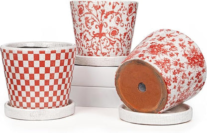 Set of 3 Pink Plant Pots, Small Flower Pots Round Planter Pot with Drainage Hole and Saucers Modern Ceramic Planters for Indoor Plants Succulents Cactus Orchid Garden 5.5 Inch Outdoor Plant Pot