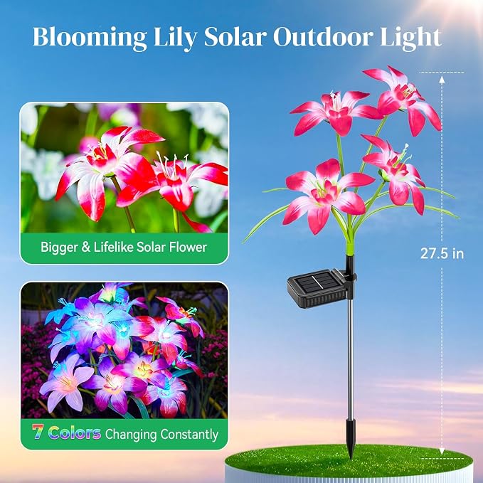 Ahaorigin Solar Garden Lights Outdoor, 4 Pack Blooming Lily Solar Flowers Outdoor Waterproof, 7 Color Changing Bigger Flower Lights for Yard Patio Decor, Gift for Mom