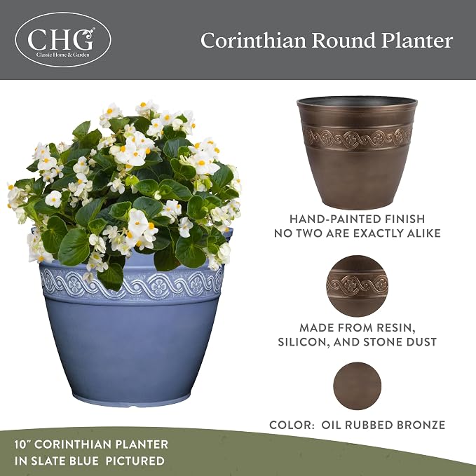 Classic Home & Garden by Growscape Corinthian Planter,10" Oil Rubbed Bronze | Classic Resin Plant Pots, Lightweight Indoor Outdoor Planter, Weather-Resistant, Great for Patio, Home & Garden Decor Accent