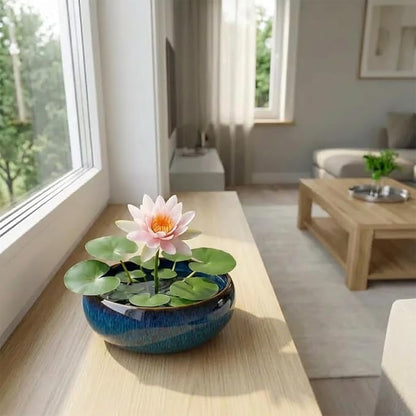 Lotus Bowl Planter - Ceramic Leak-Proof Hydroponic Pot with Rotating Bracket, 6.5 x 2.5 in Round Shallow Plant Glazed Vase, Indoor Water Planting for Home, Patio, Zen Garden Decor