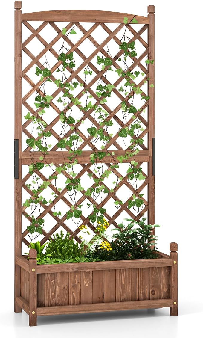 HAPPYGRILL Raised Garden Bed with Trellis, Large Planting Box with Drainage Holes, 60” Wooden Garden Planter w/Diamond Lattice Trellis for Climbing Plants, Outdoor Planter Box for Patio Balcony (1)