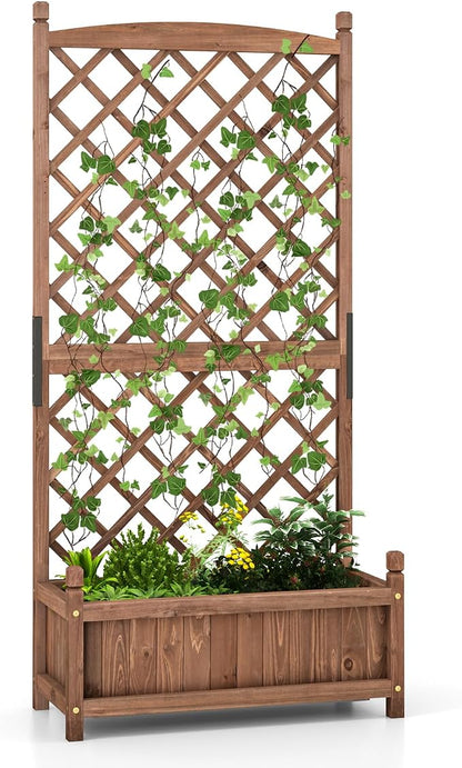 HAPPYGRILL Raised Garden Bed with Trellis, Large Planting Box with Drainage Holes, 60” Wooden Garden Planter w/Diamond Lattice Trellis for Climbing Plants, Outdoor Planter Box for Patio Balcony (1)